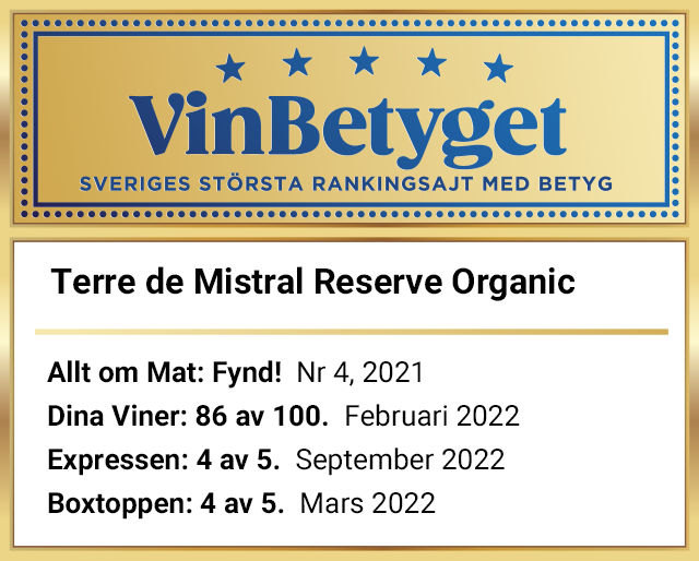 Vin betyg: Terre de Mistral Reserve Côtes du Rhône. Boxvin 3000 ml. (art nr 10682)