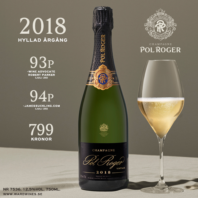 Pol Roger Brut Vintage 2018. Finare årgångs-champagne. Rekommenderas, Vinbetyget