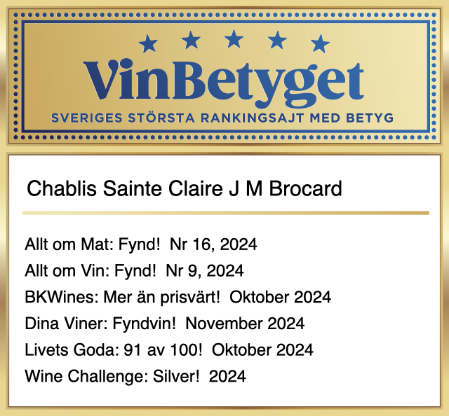 Vin betyg: Chablis Sainte Claire J M Brocard (art nr 5565)