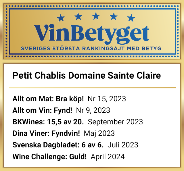 Vin betyg: Petit Chablis Domaine Sainte Claire 2022 (art nr 5588)
