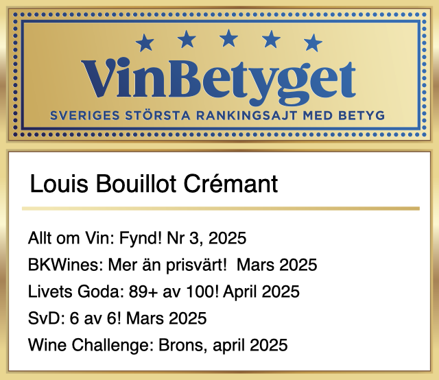 Vin betyg: Louis Bouillot Crémant de Bourgogne Brut Grand Millésimé 2021 (art nr 77865)